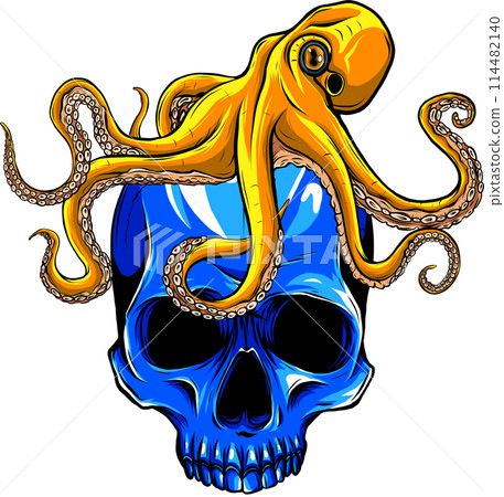 vector illustration of green kraken with red skull on white background. digital draw vector illustration of green kraken with red skull on white background. digital draw 114482140
