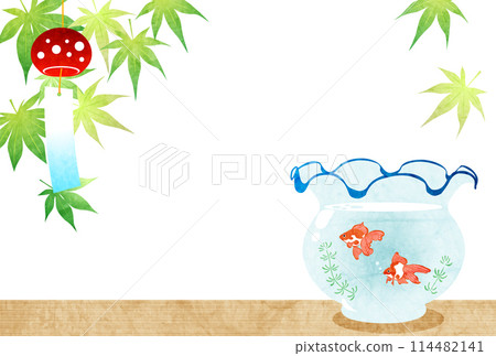 Summer greetings, postcard, postcard, wind chimes, blue maple leaves, goldfish, cute, illustration, background, horizontal 114482141