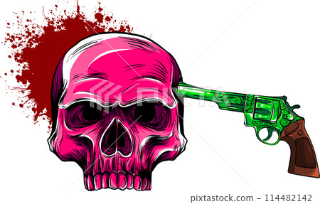 human skull with pistol and blood on white background 114482142