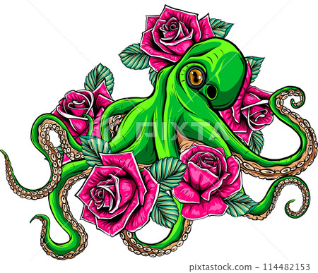 vector illustration of red Octopus with blue rose Flowers on white background. digital draw vector illustration of red Octopus with blue rose Flowers on white background. digital draw 114482153