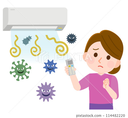 Illustration of a woman troubled by an air conditioner that emits unpleasant odors and mold 114482220