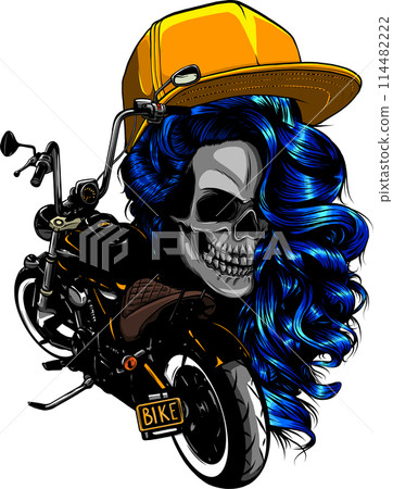 chopper skull biker with retro helmet and custom bike vector illustration on white background 114482222