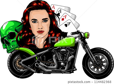 chopper skull biker with woman vector illustration on white background chopper skull biker with woman vector illustration on white background 114482368