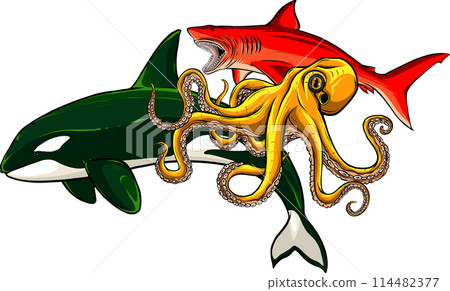 Cartoon sea animals. Underwater wildlife creatures vector illustration set 114482377