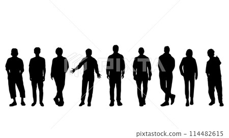 Silhouettes of nine men standing side by side 114482615