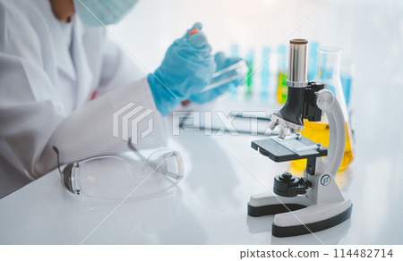 Female researchers are experimenting with pipette dropping a sample into a test tube in an experiment research in laboratory... 114482714