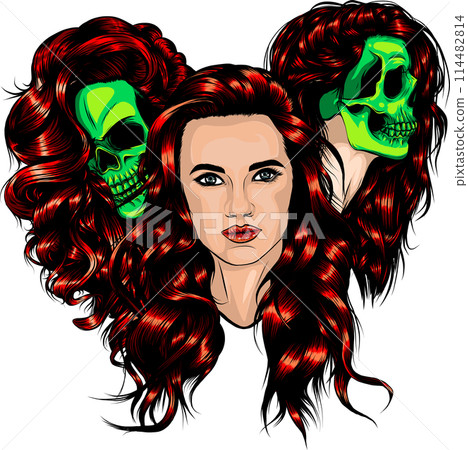 Girl with skull vector sketch. Santa muerte women witch portrait stock illustration Girl with skull vector sketch. Santa muerte women witch portrait stock illustration 114482814