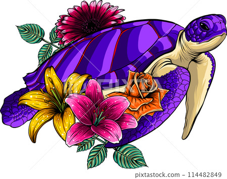 vector illustration of Sea turtle with flower on white background 114482849