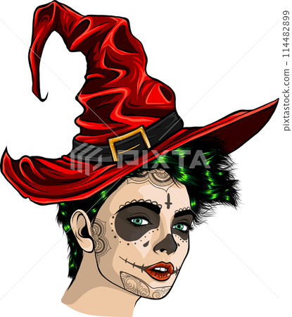 Vector illustration of witch. Halloween. Witch costume. Modern witch. Hat. Isolated on white background 114482899