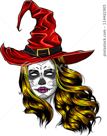 Vector illustration of witch. Halloween. Witch costume. Modern witch. Hat. Isolated on white background 114482905