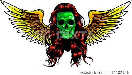 vector illustration of Human skull with wings on white background. digital hand draw 114482936