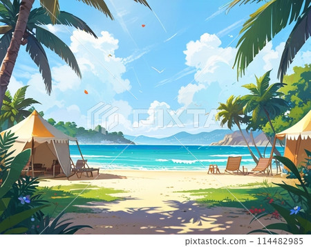 Blue sea and beach umbrellas at resort 114482985