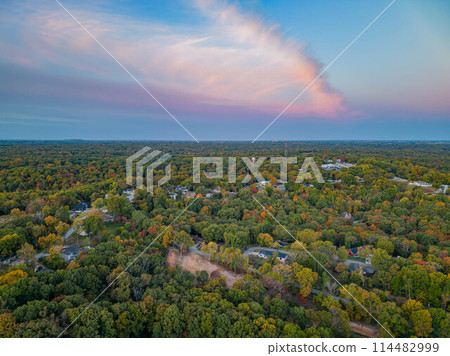 Sunrise aerial view of the Hobbs State Park-Conservation Area landscape 114482999