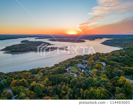 Sunrise aerial view of the Hobbs State Park-Conservation Area landscape 114483003