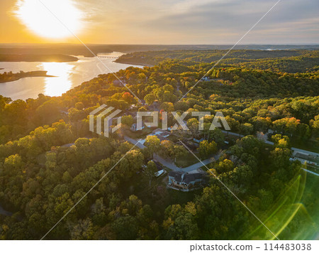 Sunrise aerial view of the Hobbs State Park-Conservation Area landscape Sunrise aerial view of the Hobbs State Park-Conservation Area landscape 114483038