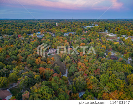 Sunrise aerial view of the Hobbs State Park-Conservation Area landscape 114483147