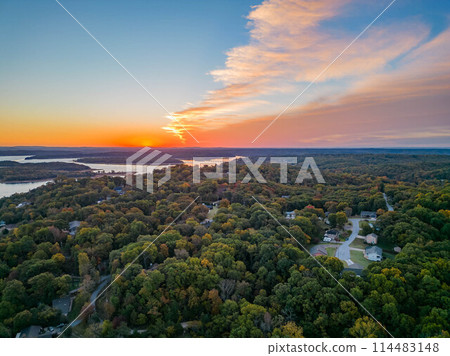 Sunrise aerial view of the Hobbs State Park-Conservation Area landscape 114483148
