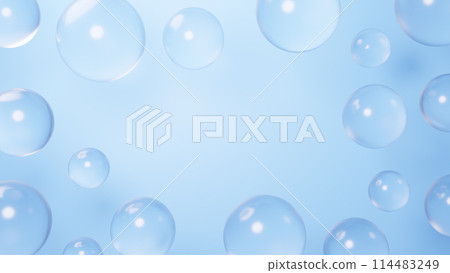 Background material of multiple water droplets on a blue background. Copy space. 3D (horizontal) 114483249
