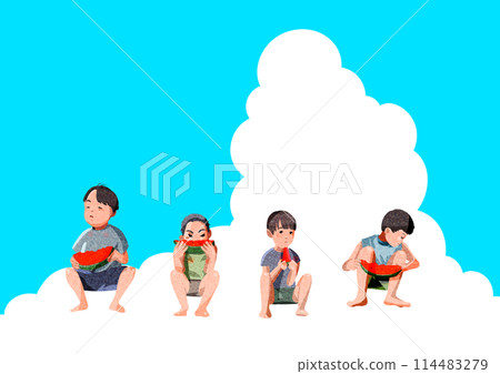 Boys eating watermelon during summer vacation Boys eating watermelon during summer vacation 114483279