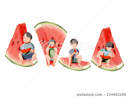 Boys eating watermelon during summer vacation 114483289