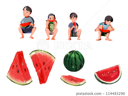 Boys eating watermelon during summer vacation Boys eating watermelon during summer vacation 114483290