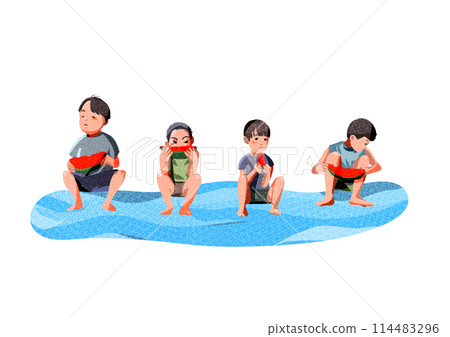 Boys eating watermelon during summer vacation Boys eating watermelon during summer vacation 114483296