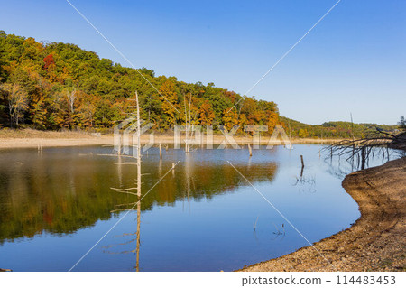 Sunny view of the beautiful fall color of Hobbs State Park-Conservation Area 114483453