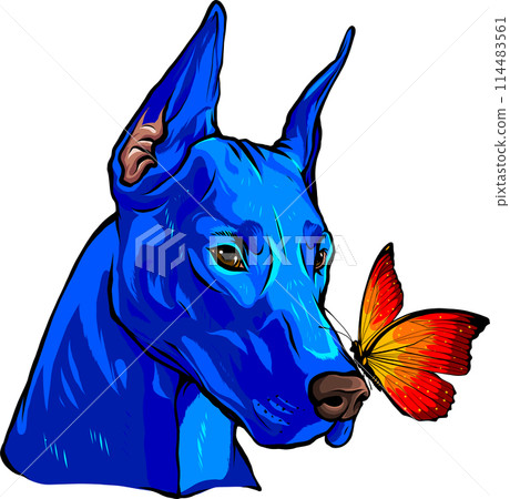 dog with butterflies. Colorful vector illustration on white background 114483561