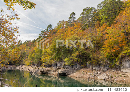 Sunny view of the beautiful fall color of Hobbs State Park-Conservation Area 114483610