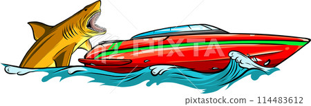 Hungry Shark with big jaw Attack yacht ship from the water. Hungry Shark with big jaw Attack yacht ship from the water. 114483612