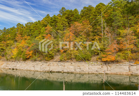 Sunny view of the beautiful fall color of Hobbs State Park-Conservation Area 114483614