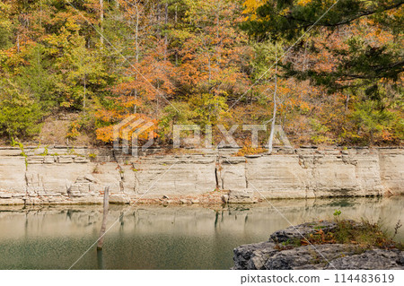 Sunny view of the beautiful fall color of Hobbs State Park-Conservation Area Sunny view of the beautiful fall color of Hobbs State Park-Conservation Area 114483619