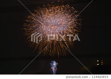 Gorgeous fireworks and power lines lighting up the city's night sky 114483655