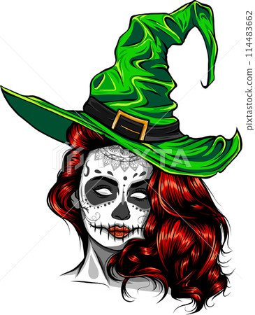 beautiful witch in a classic hat and coloured hair vector illustration design beautiful witch in a classic hat and coloured hair vector illustration design 114483662