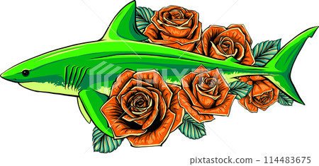 Hand drawn illustration with shark, peonies, flowers. Hand drawn illustration with shark, peonies, flowers. 114483675