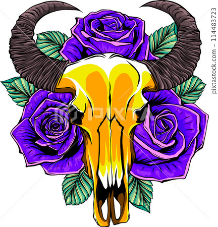 Bull skull decorated with foliage and flowers. Vector illustration on white background Bull skull decorated with foliage and flowers. Vector illustration on white background 114483723
