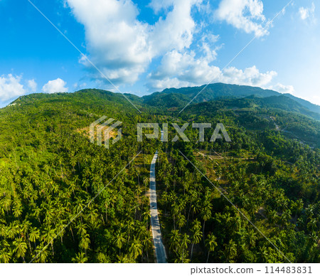 An aerial drone view of a beautiful tropical island. Tropical sea beach panorama. Koh Samui. Thailand An aerial drone view of a beautiful tropical island. Tropical sea beach panorama. Koh Samui. Thailand 114483831