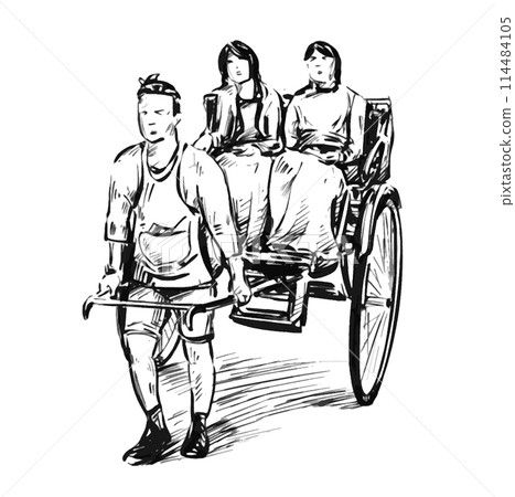 Drawing of the Japanese rickshaw man in Kyoto  114484105