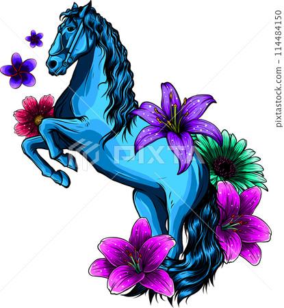 horse with peony flowers pink vector illustration on white background horse with peony flowers pink vector illustration on white background 114484150
