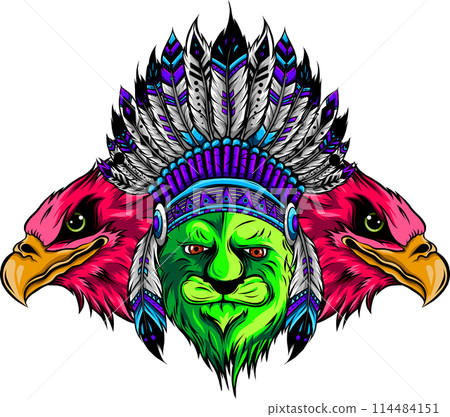 Lion in the colored Indian roach. Indian feather headdress of eagle on white background Lion in the colored Indian roach. Indian feather headdress of eagle on white background 114484151