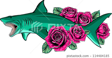 Hand drawn illustration with shark, peonies, flowers. 114484185