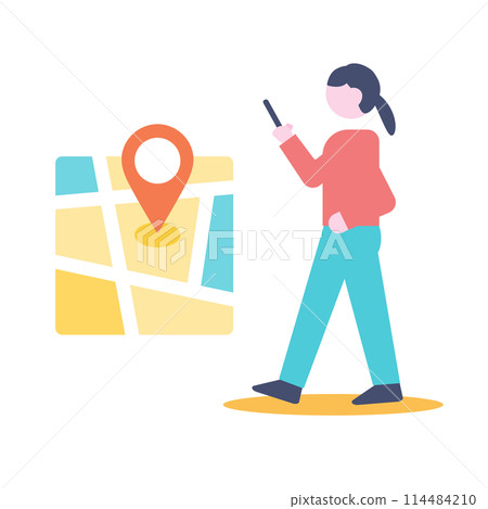 一位女士一邊走路一邊查看智慧型手機上的地圖應用程式 114484210