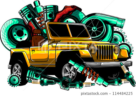 Hunter car jeep vector illustration on white background. digita hand draw design 114484225