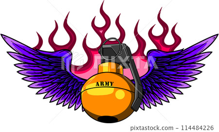 Hand grenade on white background, isolated, vector illustration design. digital hand draw Hand grenade on white background, isolated, vector illustration design. digital hand draw 114484226