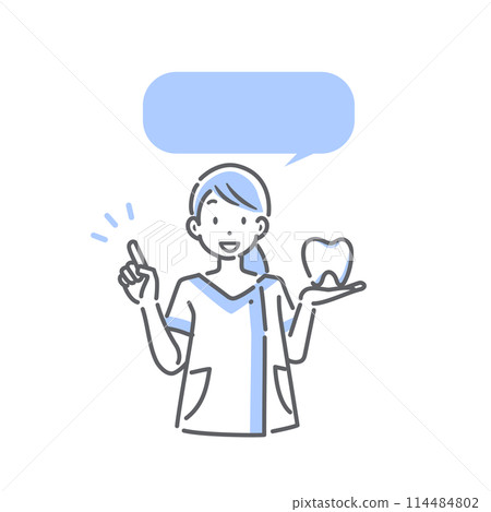 牙齒衛生員微笑著解釋牙齒 — 簡單時尚的線條畫插圖 114484802