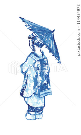 Illustration of a maiko holding a Japanese umbrella in ink painting style 114484978