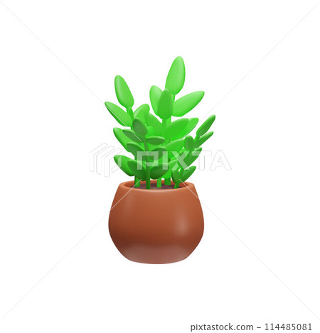 3D vector indoor plant with juicy green leaves in a pot of brown clay 3D vector indoor plant with juicy green leaves in a pot of brown clay 114485081