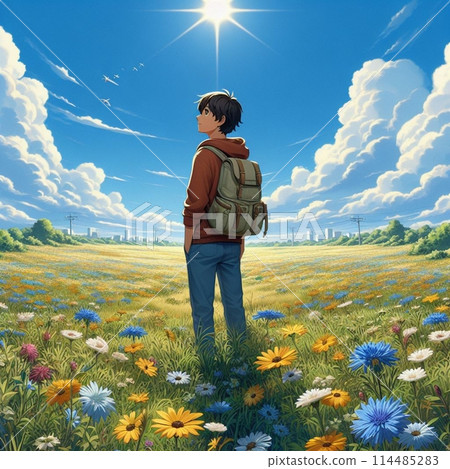 一個人站在藍天下的草地上 一個人站在藍天下的草地上 114485283