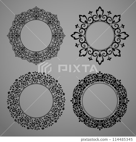 Set of decorative frames Elegant vector element for design in Eastern style, place for text. Floral black and gray borders. Lace illustration for invitations and greeting cards Set of decorative frames Elegant vector element for design in Eastern style, place for text. Floral black and gray borders. Lace illustration for invitations and greeting cards 114485345