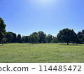 Musashi-Kokubunji Park is filled with greenery and grass on a cloudless, clear day 114485472